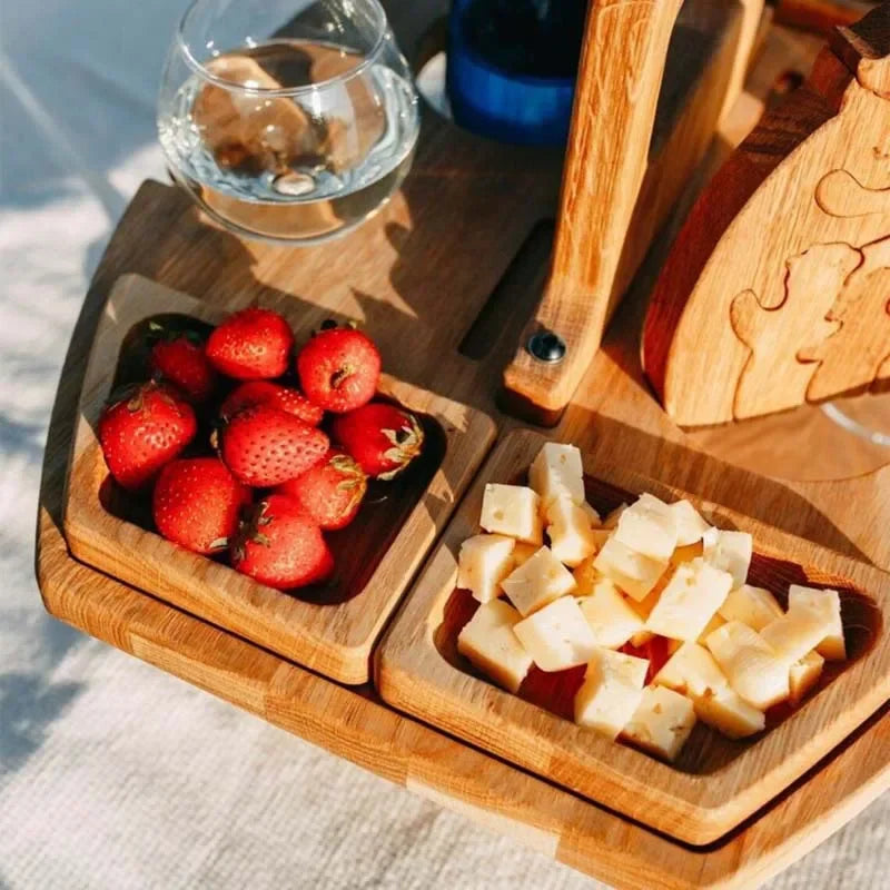Wooden Folding Picnic Table with Glass Holder Round Foldable Desk Wine