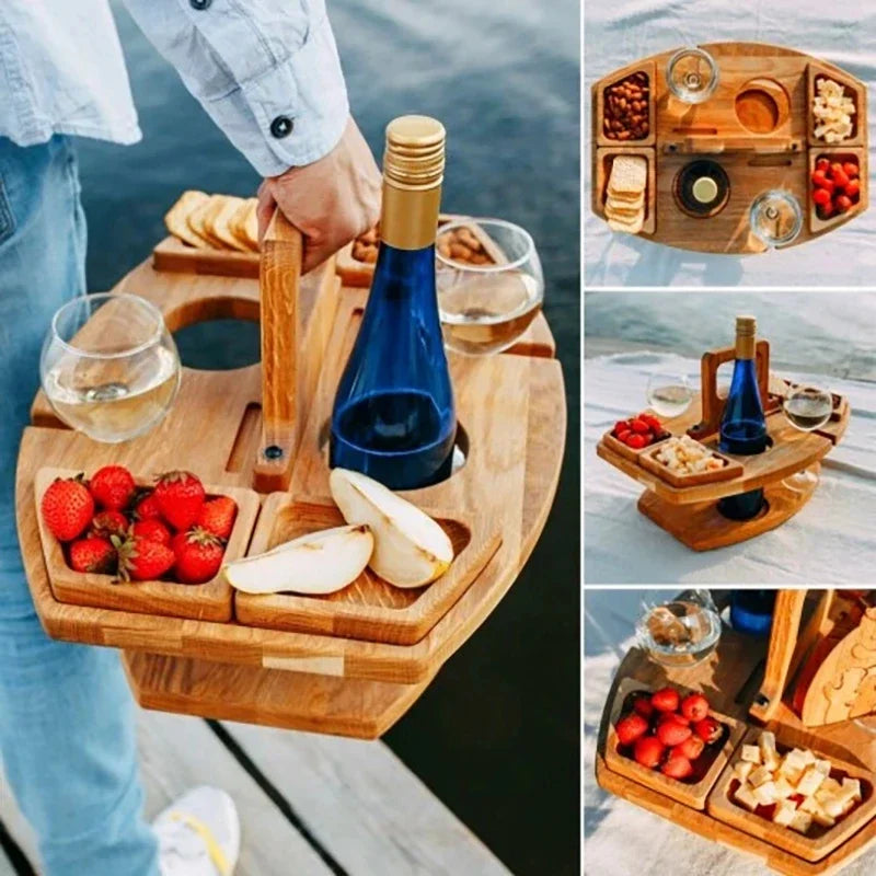 Wooden Folding Picnic Table with Glass Holder Round Foldable Desk Wine