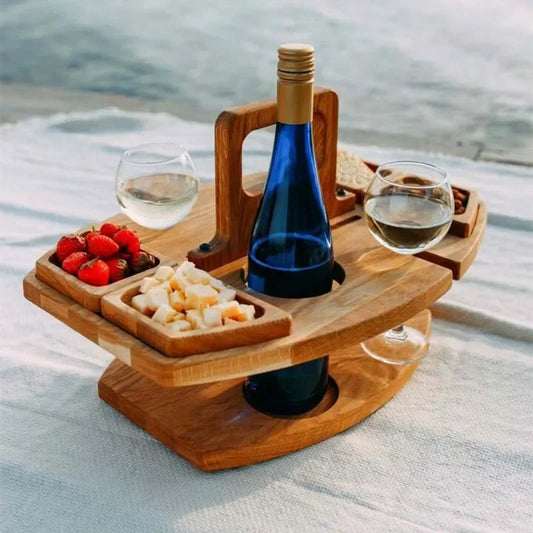 Wooden Folding Picnic Table with Glass Holder Round Foldable Desk Wine